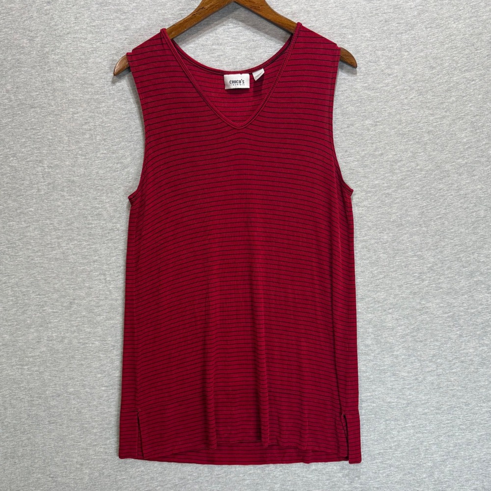 Chico's Tank Top Womens Size 2 Red Striped V-Neck Travelers Ribbed Layering